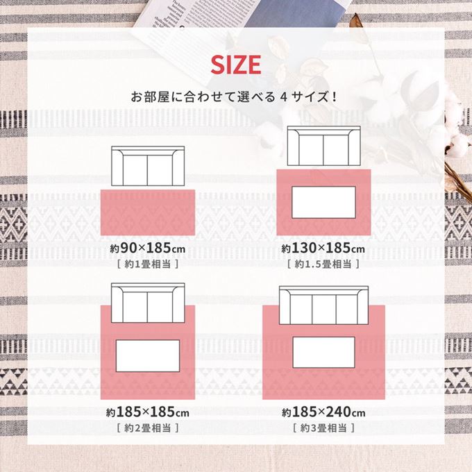 ラグマット カーペット インド綿 洗濯機で洗えるラグ 185x185cm 約2畳用 綿100％ テラ 滑り止め付き ホットカーペット 床暖房対応