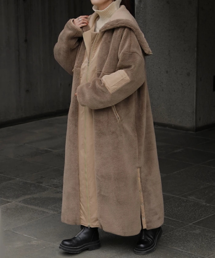 ボアコート フード アウターレディース ボア ロング コート パーカー ジャケット ブルゾン ボアパーカー ボアアウター ドロップショルダー ベンチコート ビッグ 大きいサイズ 切り替え 防寒 羽織