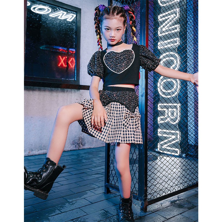 ダンス衣装 子供 キッズ セットアップ スパンコール ブラック 半袖 ヒップホップ チェック柄 スカ