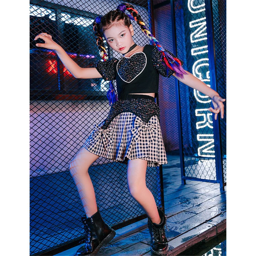 ダンス衣装 子供 キッズ セットアップ スパンコール ブラック 半袖 ヒップホップ チェック柄 スカ