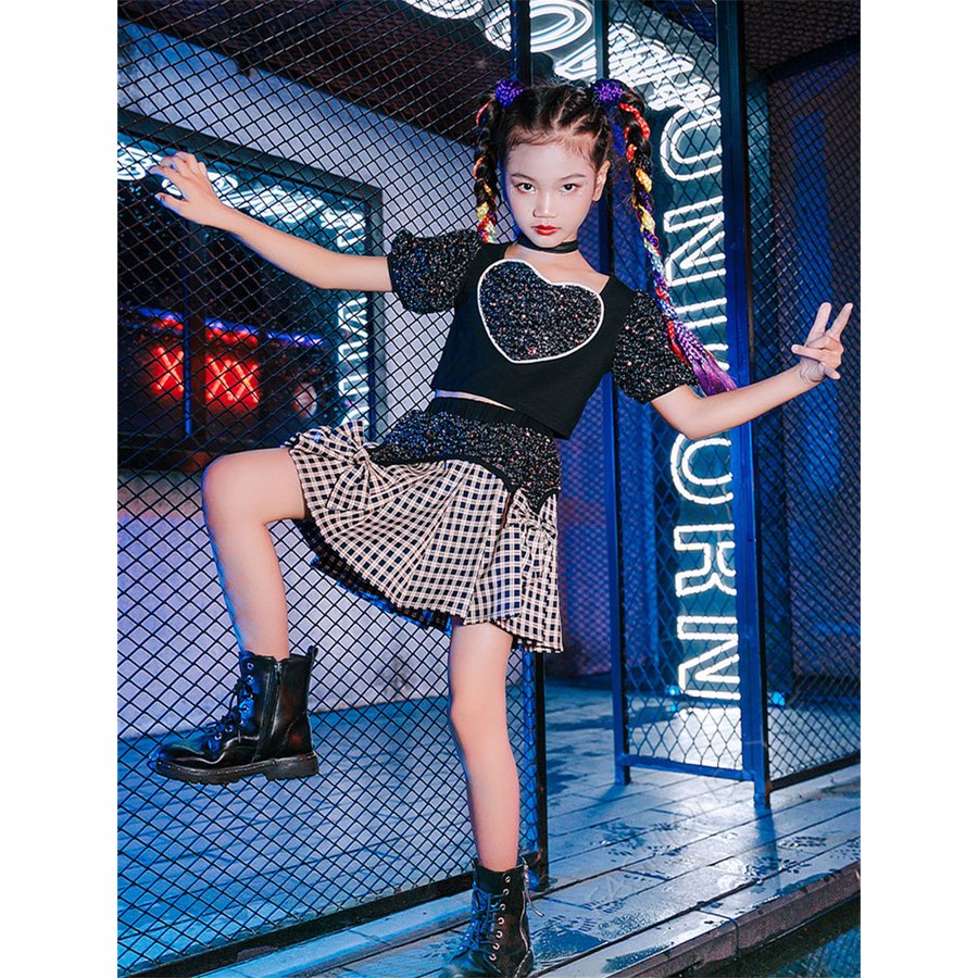 ダンス衣装 子供 キッズ セットアップ スパンコール ブラック 半袖 ヒップホップ チェック柄 スカ