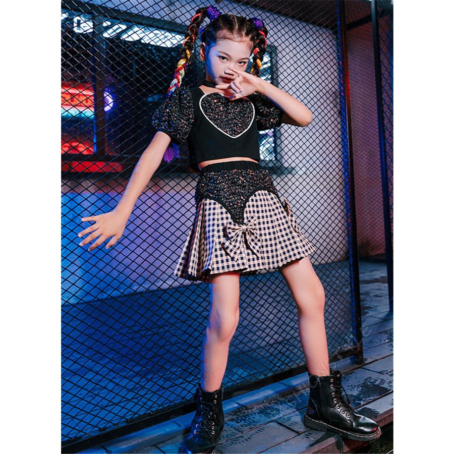 ダンス衣装 子供 キッズ セットアップ スパンコール ブラック 半袖 ヒップホップ チェック柄 スカ