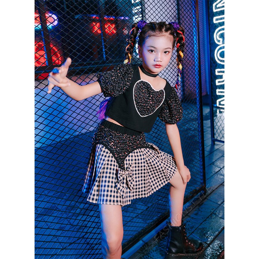 ダンス衣装 子供 キッズ セットアップ スパンコール ブラック 半袖 ヒップホップ チェック柄 スカ