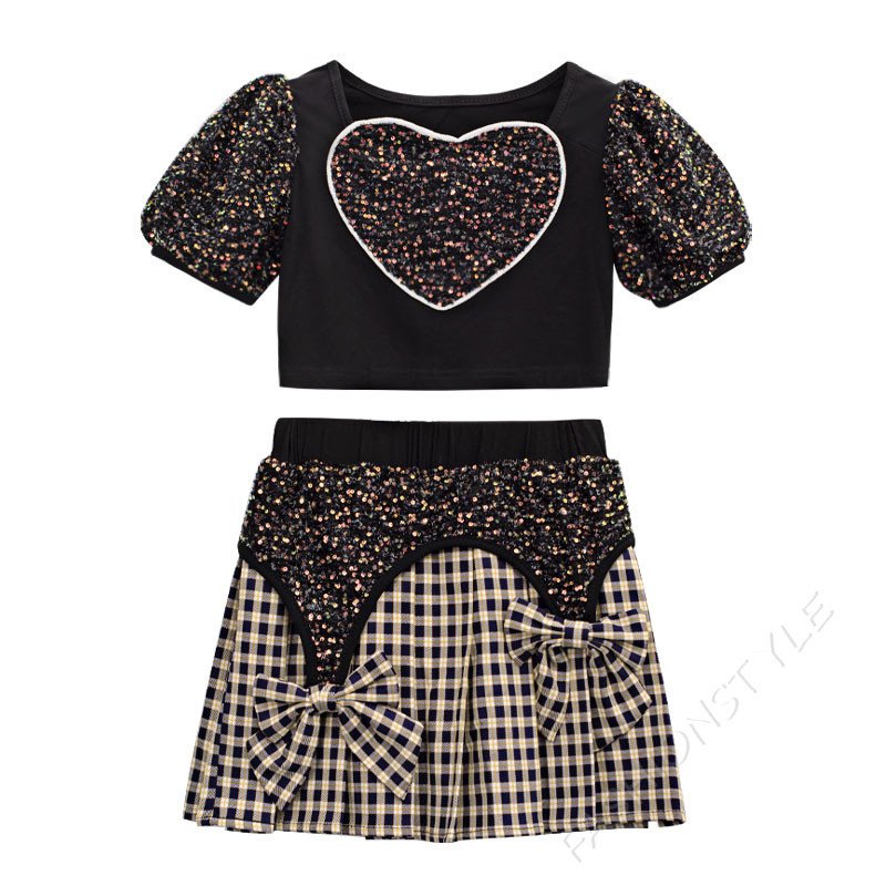 ダンス衣装 子供 キッズ セットアップ スパンコール ブラック 半袖 ヒップホップ チェック柄 スカ