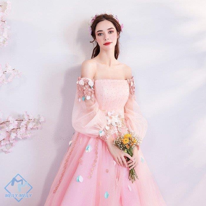 演奏会用ドレス 長袖 カラードレス ピンク ロングドレス パーティードレス ウェディングドレス 発表