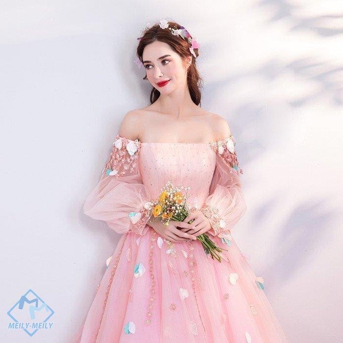 演奏会用ドレス 長袖 カラードレス ピンク ロングドレス パーティードレス ウェディングドレス 発表