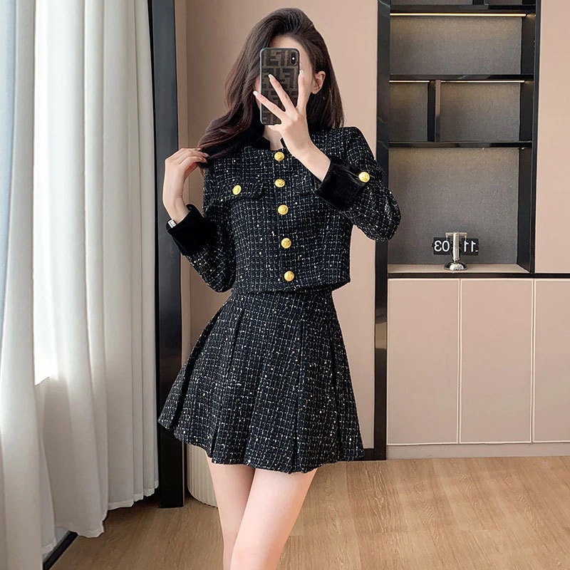ハイエンドのカスタマイズ-Xiaoxiangfeng ファッションスーツ女性の秋冬服 2024 小さな人々のための新しいスタイルセレブのためのツーピースドレスの完全なセット