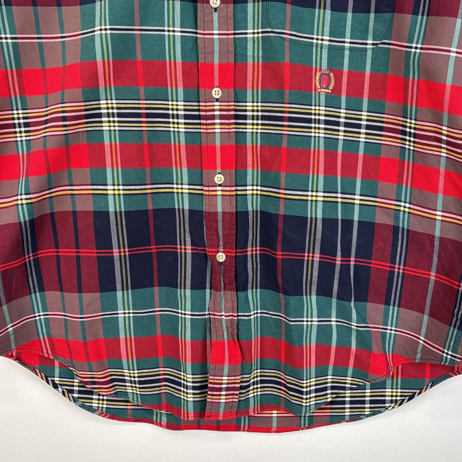 古着 90s/90年代 長袖シャツ チェック ボタンダウンシャツ ロゴ 刺繍 M レッド系 マルチカラー メンズ
