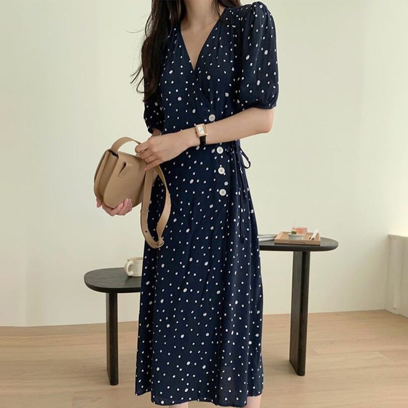 ワンピース 半袖 春夏 きれいめ ロング ワンピドレス ロング丈 ミドル丈 Vネック 深 Vネック リボン ウエストリボン ネイビーブルー ワンサイズ かわいい 大人可愛い シンプル カジュアル 大人