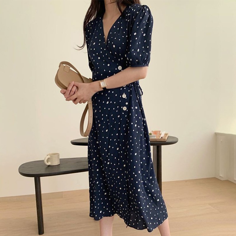 ワンピース 半袖 春夏 きれいめ ロング ワンピドレス ロング丈 ミドル丈 Vネック 深 Vネック リボン ウエストリボン ネイビーブルー ワンサイズ かわいい 大人可愛い シンプル カジュアル 大人