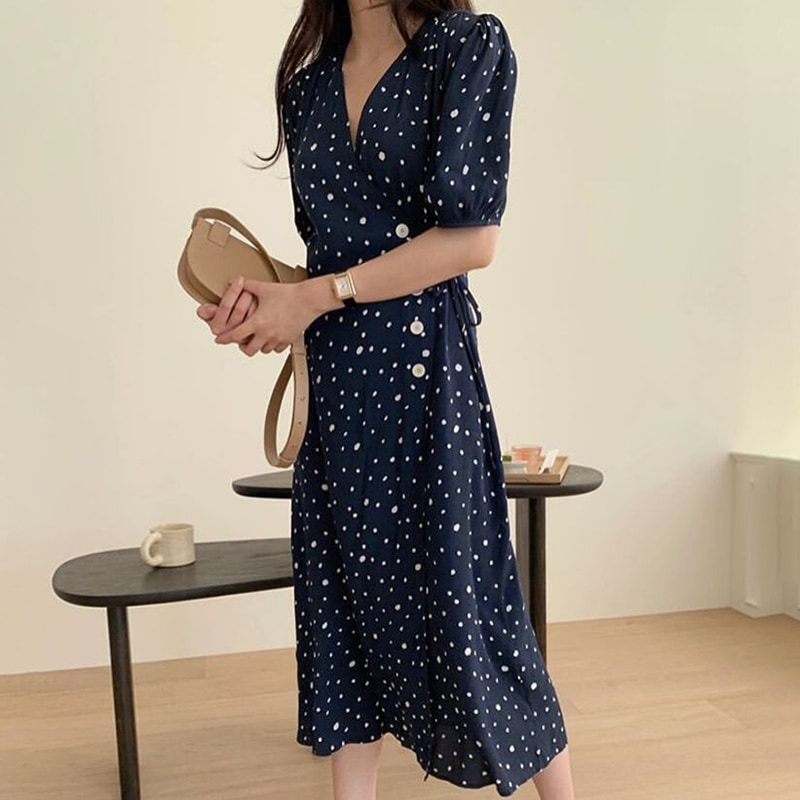 ワンピース 半袖 春夏 きれいめ ロング ワンピドレス ロング丈 ミドル丈 Vネック 深 Vネック リボン ウエストリボン ネイビーブルー ワンサイズ かわいい 大人可愛い シンプル カジュアル 大人