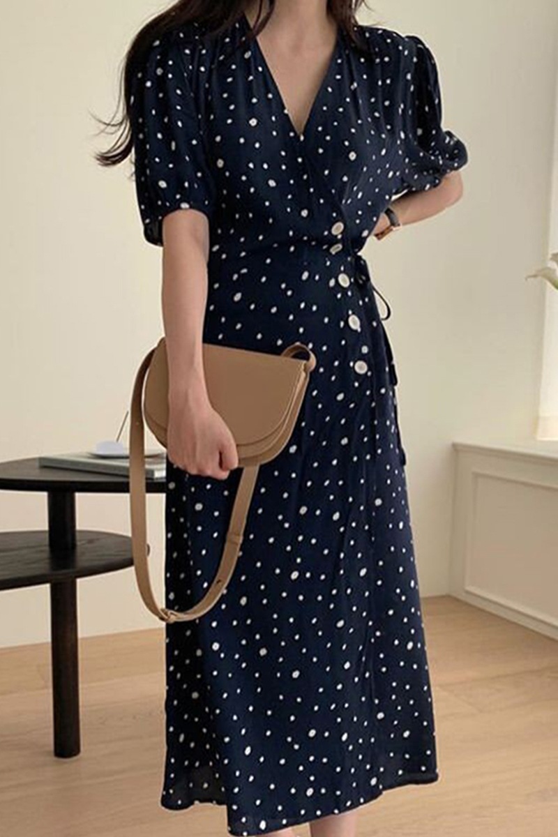 ワンピース 半袖 春夏 きれいめ ロング ワンピドレス ロング丈 ミドル丈 Vネック 深 Vネック リボン ウエストリボン ネイビーブルー ワンサイズ かわいい 大人可愛い シンプル カジュアル 大人