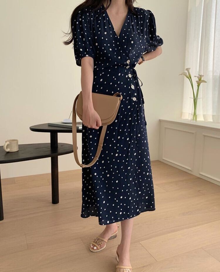 ワンピース 半袖 春夏 きれいめ ロング ワンピドレス ロング丈 ミドル丈 Vネック 深 Vネック リボン ウエストリボン ネイビーブルー ワンサイズ かわいい 大人可愛い シンプル カジュアル 大人