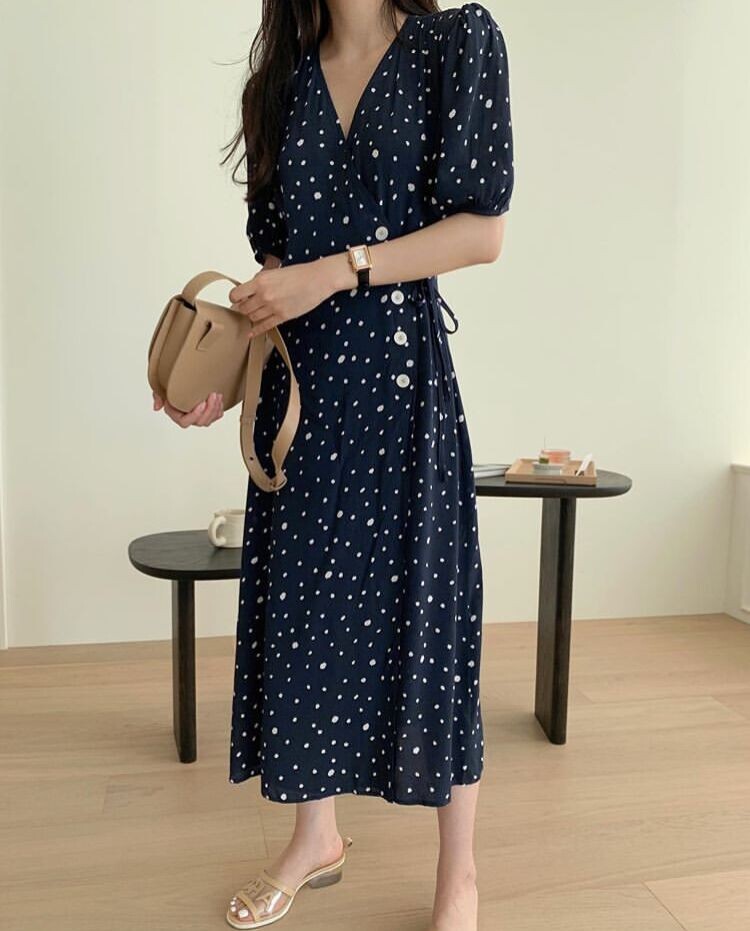 ワンピース 半袖 春夏 きれいめ ロング ワンピドレス ロング丈 ミドル丈 Vネック 深 Vネック リボン ウエストリボン ネイビーブルー ワンサイズ かわいい 大人可愛い シンプル カジュアル 大人