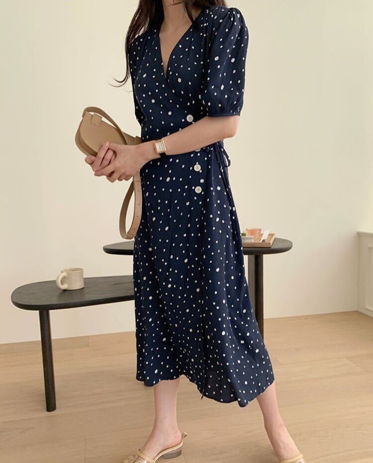 ワンピース 半袖 春夏 きれいめ ロング ワンピドレス ロング丈 ミドル丈 Vネック 深 Vネック リボン ウエストリボン ネイビーブルー ワンサイズ かわいい 大人可愛い シンプル カジュアル 大人