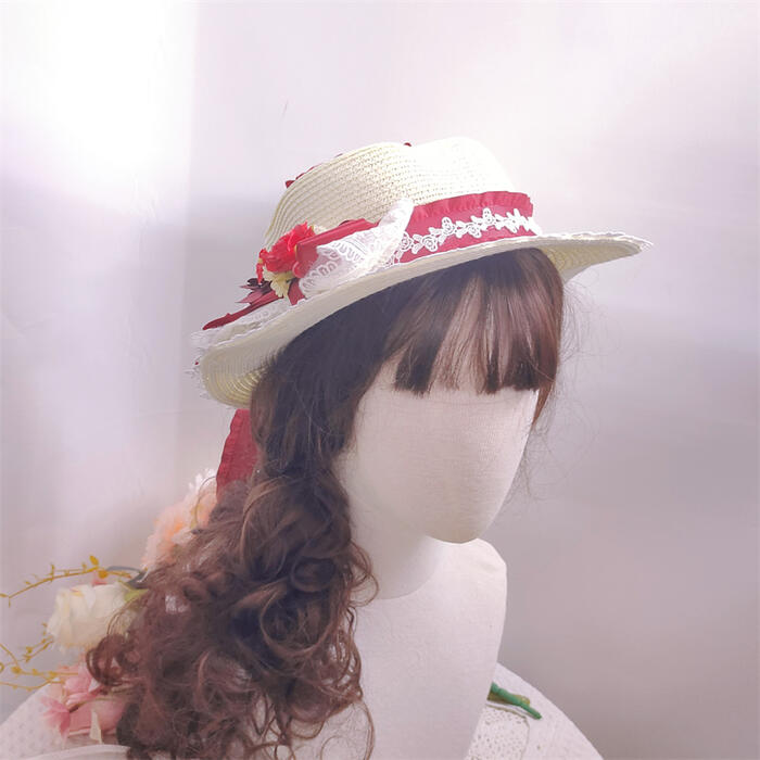 【2点購入で150OFF】品質良い!店舗お勧め! 【急速出荷】甘ロリータ 麦わら帽子 カンカン帽 春夏 ハンドメイド 日焼け防止 森ガール レディース 海 ビーチ ロリィタ ロリータ 帽子_5