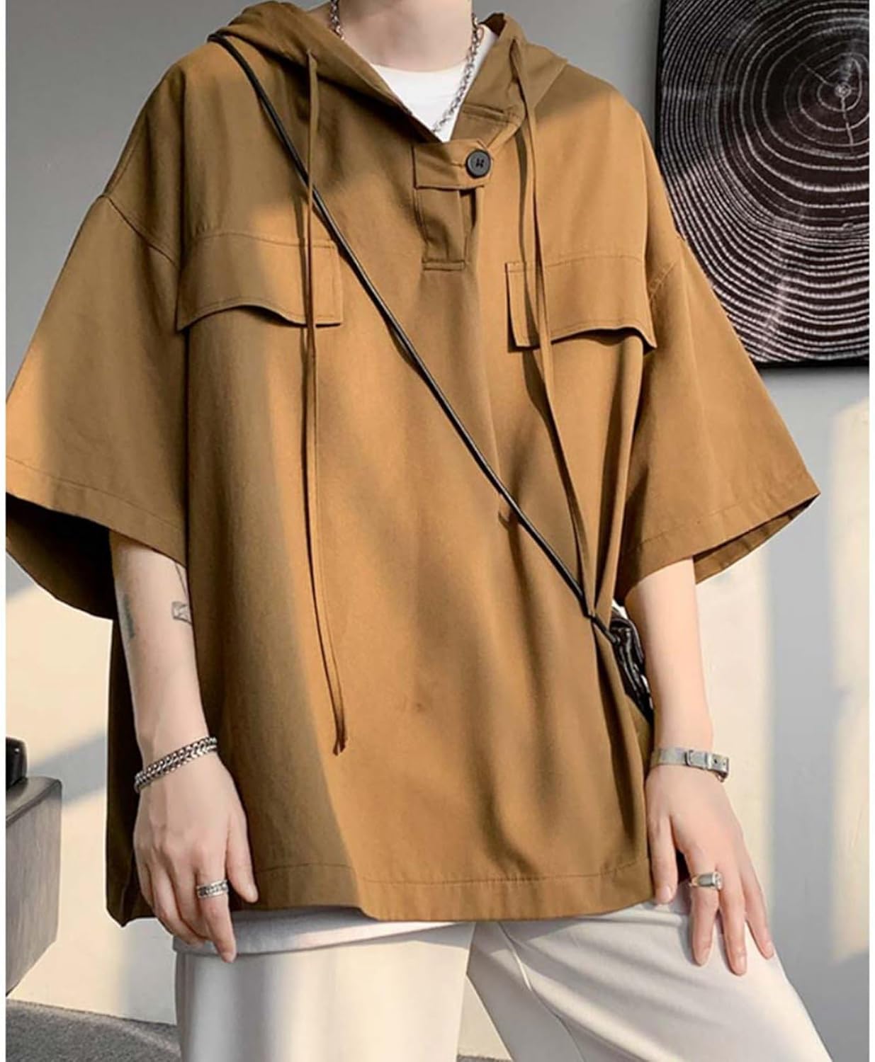 メンズ ポロシャツ 5xl パーカー ビッグT フード付き 7分袖 春夏服 tシャツ 襟付き 無地 フィットネスシャツ フーディ プルオーバー アウター メンズファッション 柔ら 速乾吸汗 お出掛け