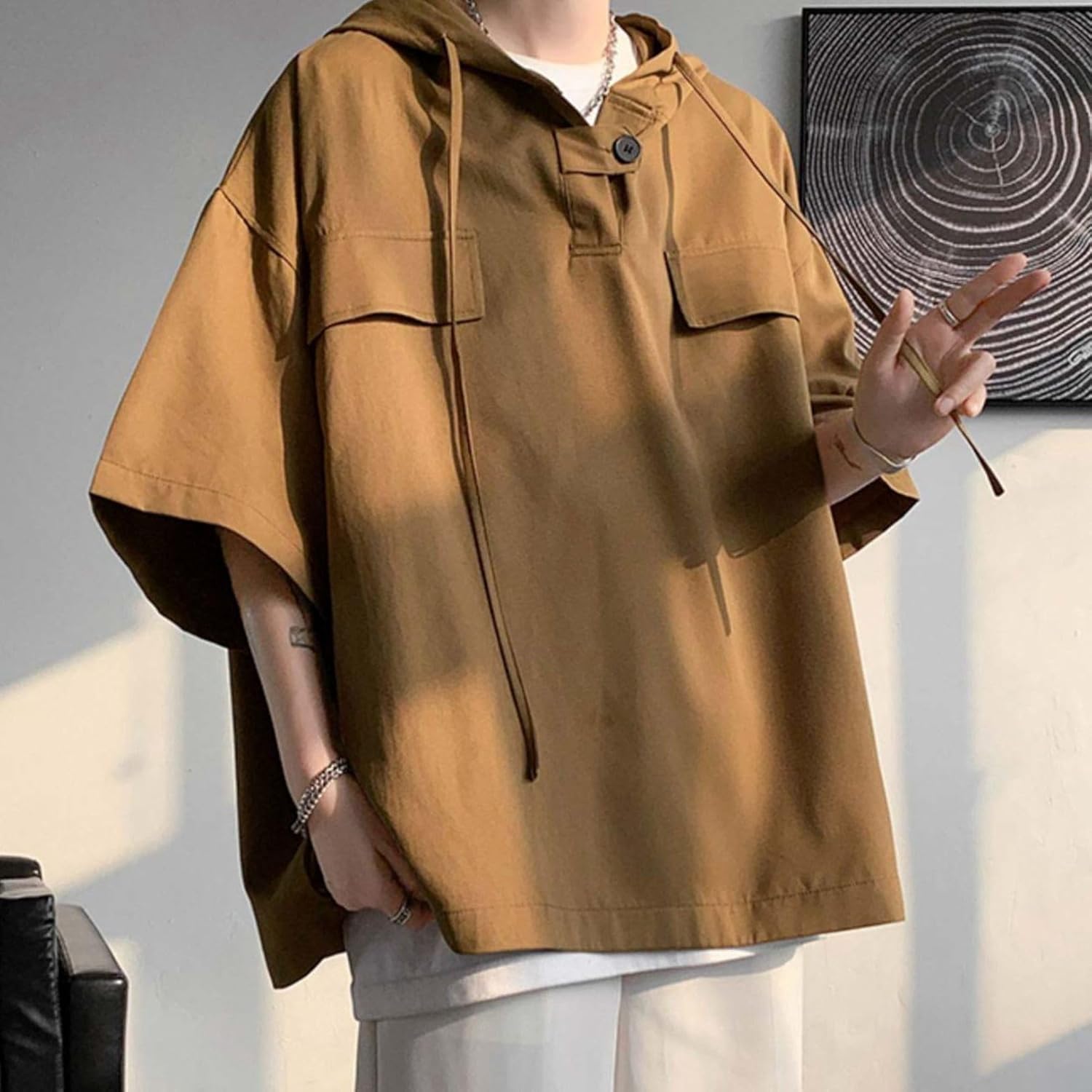メンズ ポロシャツ 5xl パーカー ビッグT フード付き 7分袖 春夏服 tシャツ 襟付き 無地 フィットネスシャツ フーディ プルオーバー アウター メンズファッション 柔ら 速乾吸汗 お出掛け