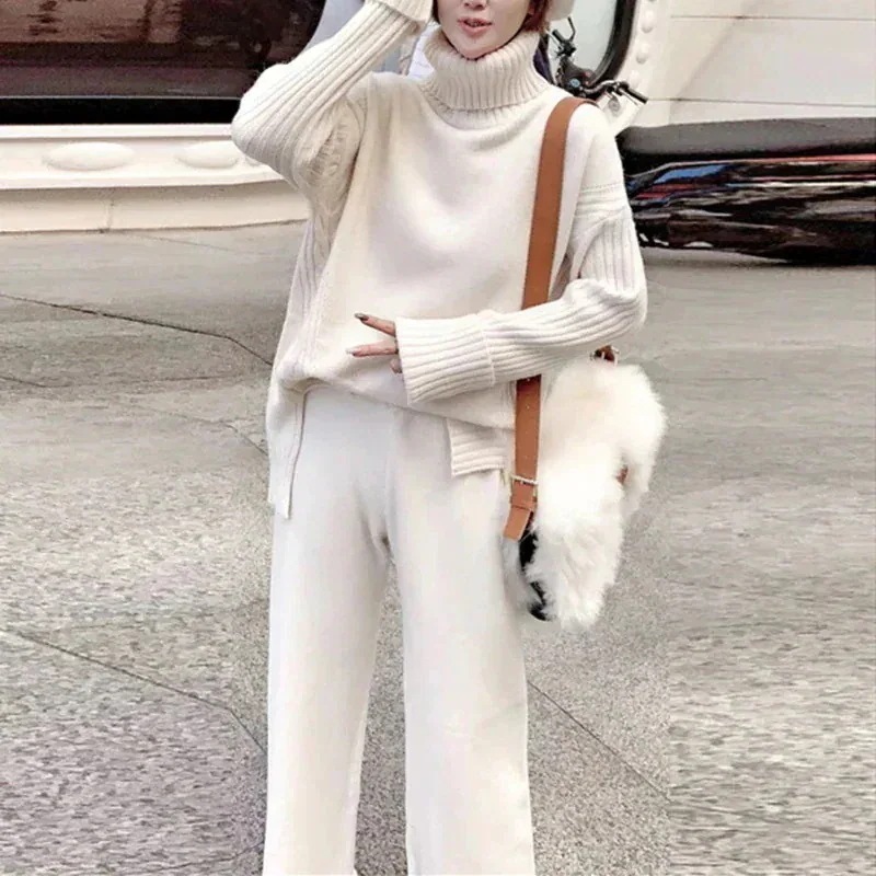 ベーシックニット秋春作おしゃれ気質上下レディースセットアップニットアウター二点セットセーターワイドパンツセットアップ通勤長袖セーター福袋2026福袋_5