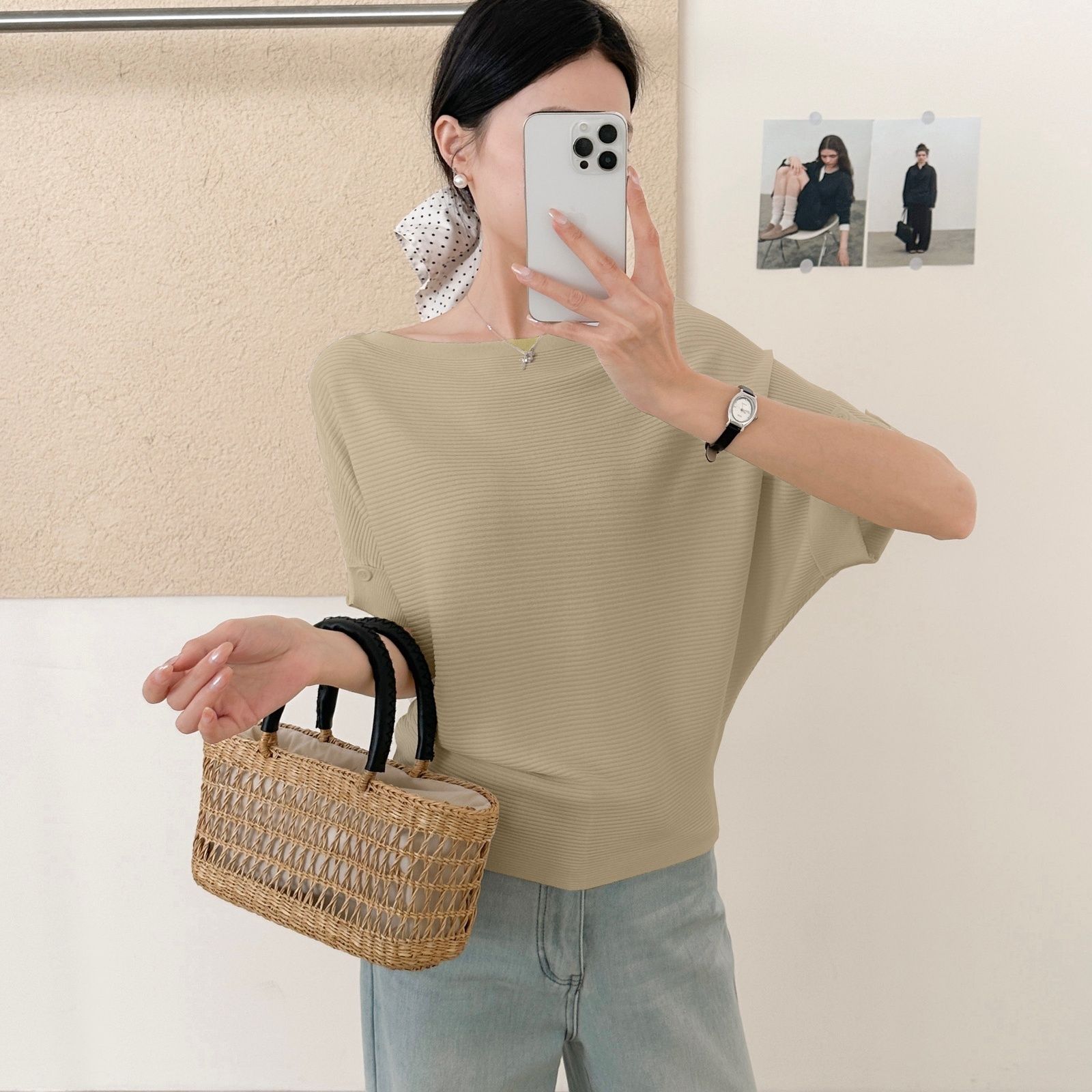 「韓国風 ワイドネック 片肩ニットトップス女性用 向け ゆったりレラックスフィット 見た目痩せ效果 コウモリ袖半袖 のんびりした落ち着いた雰囲気 アップタウン」_6