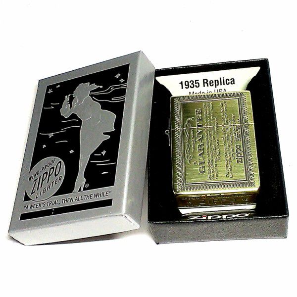 ZIPPO 1935 復刻レプリカ ジッポライター おしゃれ GUARANTEE ギャランティ BS いぶし アンティークブラス かっこいい 真鍮 ゴールド 角型 彫刻 ギフト_5