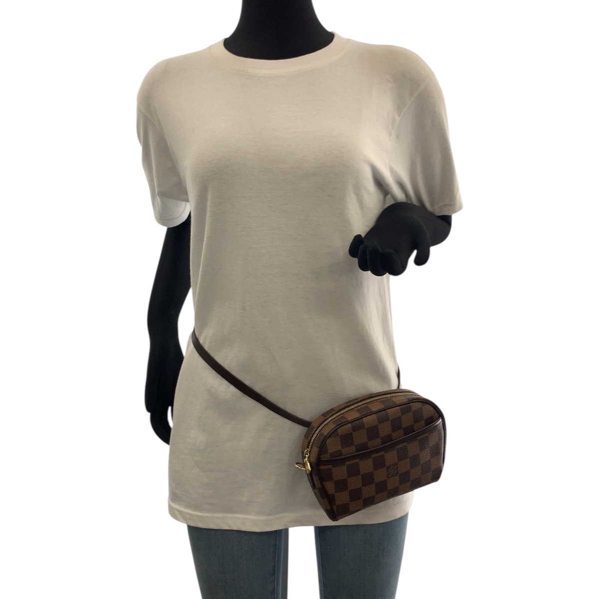 美品 ダミエ エベヌ ポシェット イパネマ ブラウン ゴールド金具 PVC N51296 ウエストバッグ レディース 504176