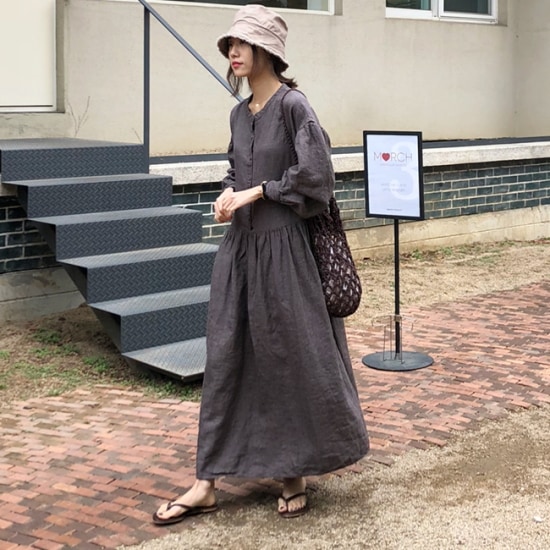 【取寄：納期2週間】ワンピース レディース 大きいサイズ 春 夏 無地 リネン ラウンドネック 丸首 ロング丈