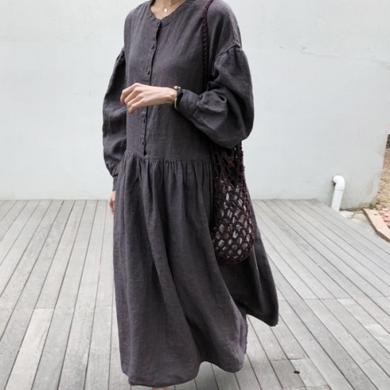 【取寄：納期2週間】ワンピース レディース 大きいサイズ 春 夏 無地 リネン ラウンドネック 丸首 ロング丈