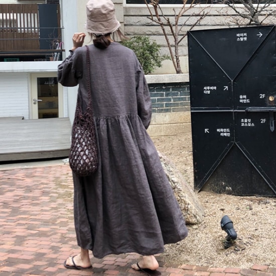 【取寄：納期2週間】ワンピース レディース 大きいサイズ 春 夏 無地 リネン ラウンドネック 丸首 ロング丈