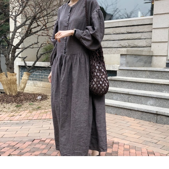 【取寄：納期2週間】ワンピース レディース 大きいサイズ 春 夏 無地 リネン ラウンドネック 丸首 ロング丈