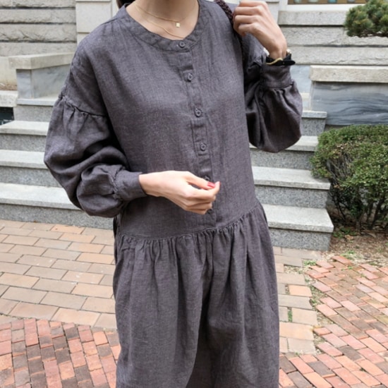 【取寄：納期2週間】ワンピース レディース 大きいサイズ 春 夏 無地 リネン ラウンドネック 丸首 ロング丈