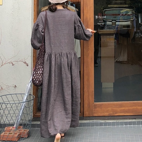 【取寄：納期2週間】ワンピース レディース 大きいサイズ 春 夏 無地 リネン ラウンドネック 丸首 ロング丈