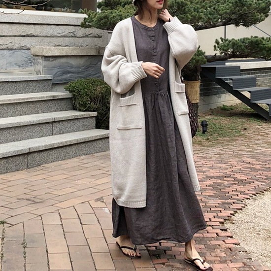 【取寄：納期2週間】ワンピース レディース 大きいサイズ 春 夏 無地 リネン ラウンドネック 丸首 ロング丈