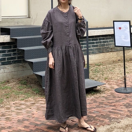 【取寄：納期2週間】ワンピース レディース 大きいサイズ 春 夏 無地 リネン ラウンドネック 丸首 ロング丈