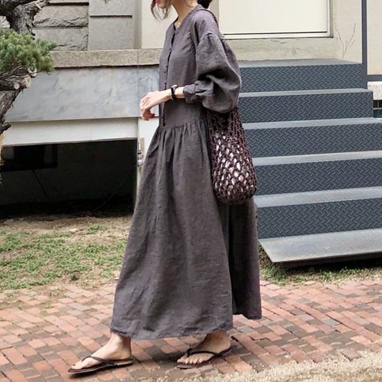 【取寄：納期2週間】ワンピース レディース 大きいサイズ 春 夏 無地 リネン ラウンドネック 丸首 ロング丈