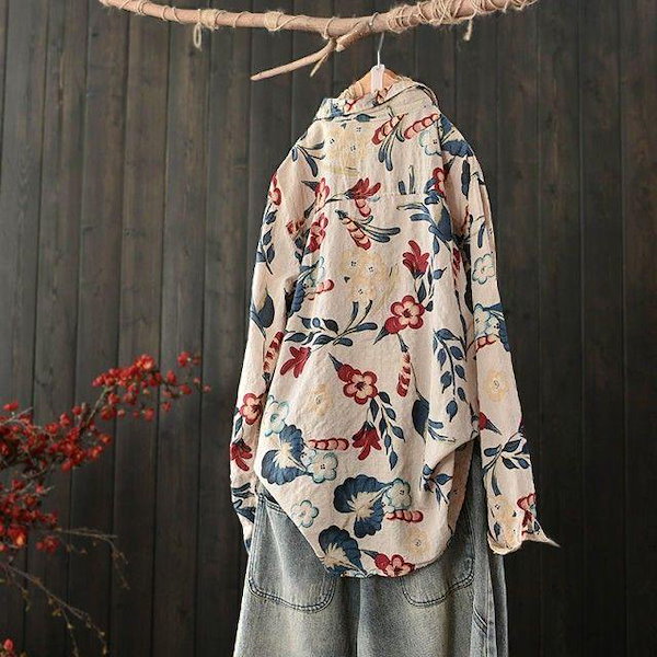 Qoo10] 花柄シャツレディース長袖トップス春秋柄シ