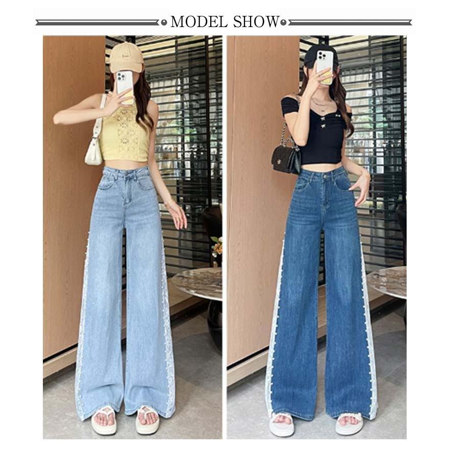 [超激安]9月更新レース切替デニムパンツ レディース ワイドパンツ ガウチョパンツ スカーチョ サイドスリット レース切り替え 刺繍 花柄 ワイド ダンスパンツ 大人