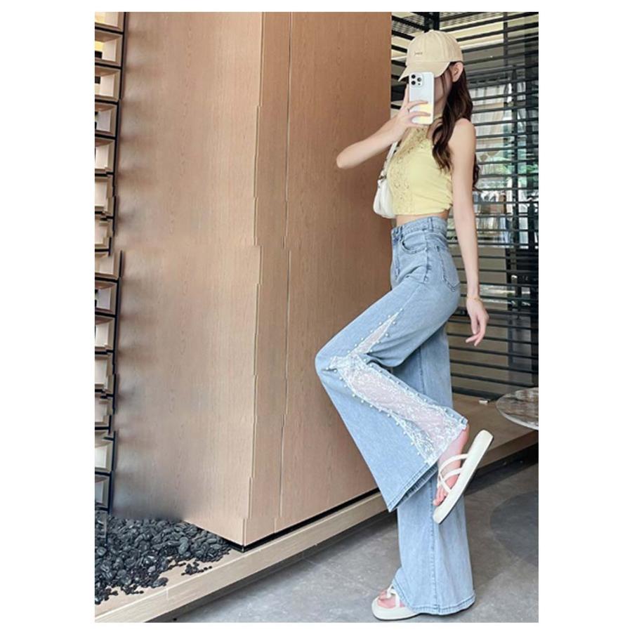 [超激安]9月更新レース切替デニムパンツ レディース ワイドパンツ ガウチョパンツ スカーチョ サイドスリット レース切り替え 刺繍 花柄 ワイド ダンスパンツ 大人