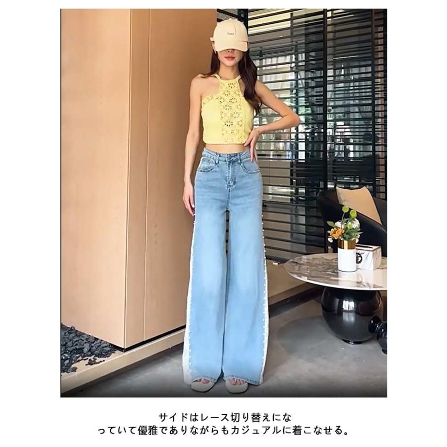 [超激安]9月更新レース切替デニムパンツ レディース ワイドパンツ ガウチョパンツ スカーチョ サイドスリット レース切り替え 刺繍 花柄 ワイド ダンスパンツ 大人