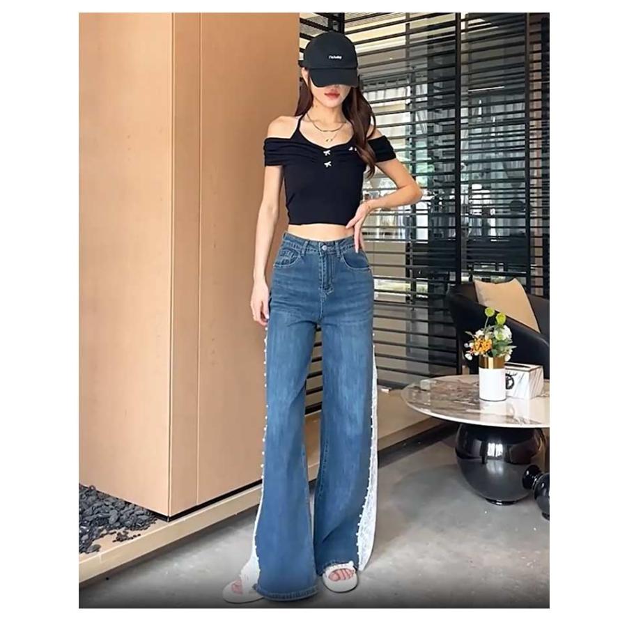 [超激安]9月更新レース切替デニムパンツ レディース ワイドパンツ ガウチョパンツ スカーチョ サイドスリット レース切り替え 刺繍 花柄 ワイド ダンスパンツ 大人