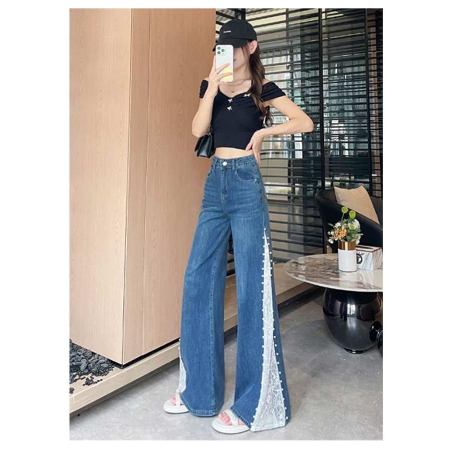 [超激安]9月更新レース切替デニムパンツ レディース ワイドパンツ ガウチョパンツ スカーチョ サイドスリット レース切り替え 刺繍 花柄 ワイド ダンスパンツ 大人