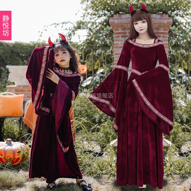 ハロウィンの子供用コスチューム親子悪魔魔女吸血鬼魔法使いローブ子供服中世パフォーマンスドレス