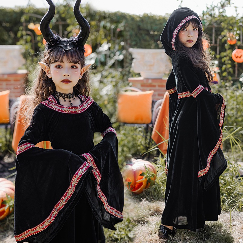 ハロウィンの子供用コスチューム親子悪魔魔女吸血鬼魔法使いローブ子供服中世パフォーマンスドレス