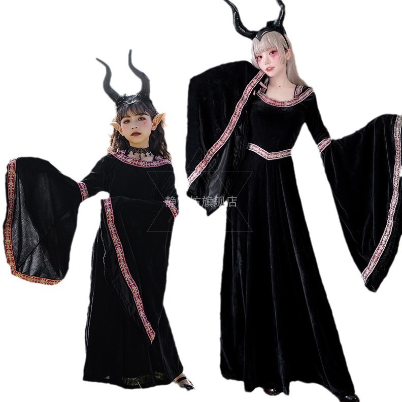 ハロウィンの子供用コスチューム親子悪魔魔女吸血鬼魔法使いローブ子供服中世パフォーマンスドレス