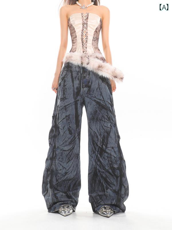 デニムパンツ メンズ レディース ボトムス タイダイ ジーンズ レトロ ダメージ加工 ストレート ワイド 秋冬 ブルー ブラック