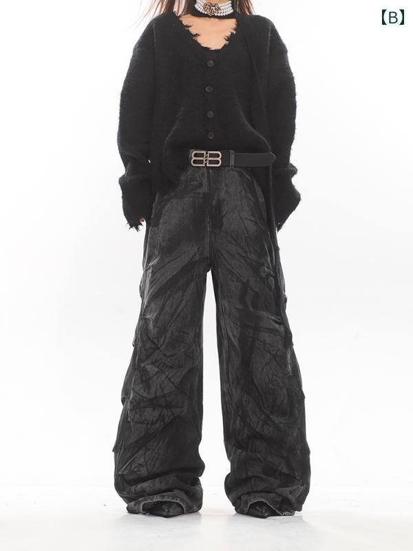 デニムパンツ メンズ レディース ボトムス タイダイ ジーンズ レトロ ダメージ加工 ストレート ワイド 秋冬 ブルー ブラック