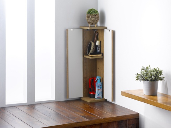 玄関収納 コーナー収納 エルフォルム 両開き 幅19cm 玄関 収納ラック スリム 収納 収納棚 扉付き 薄型 洗面所 コンパクト トイレ コーナーラック 木製 コーナー 棚 シンプル