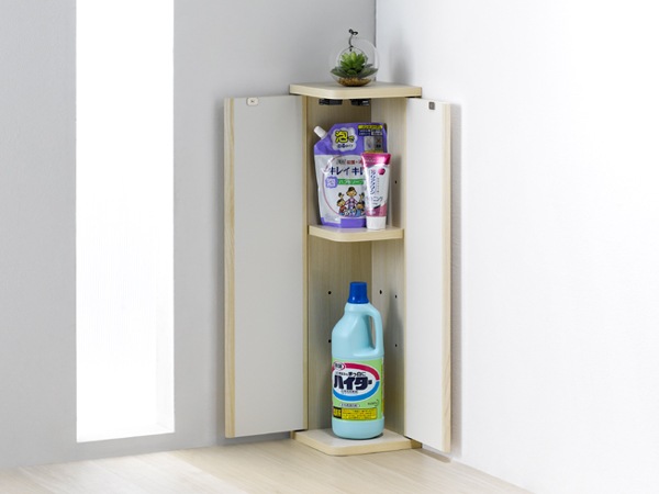 玄関収納 コーナー収納 エルフォルム 両開き 幅19cm 玄関 収納ラック スリム 収納 収納棚 扉付き 薄型 洗面所 コンパクト トイレ コーナーラック 木製 コーナー 棚 シンプル