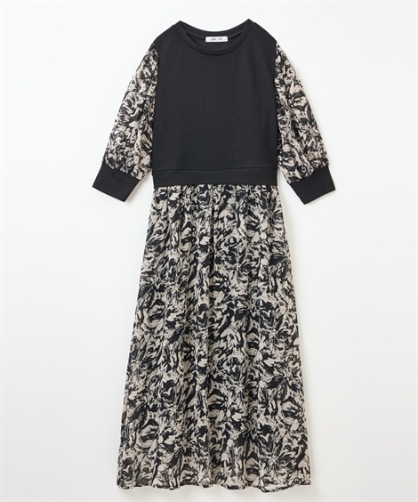 ロング・マキシ丈/半袖 シフォンプリント切替ワンピース アトランダム