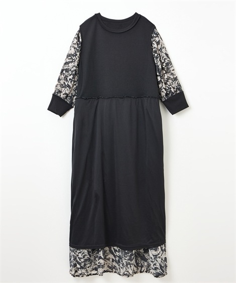 ロング・マキシ丈/半袖 シフォンプリント切替ワンピース アトランダム